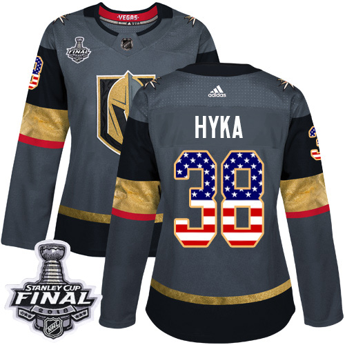Adidas Golden Knights #38 Tomas Hyka Grey Home Authentic USA Flag 2018 Stanley Cup Final Women's Stitched NHL Jersey - Click Image to Close